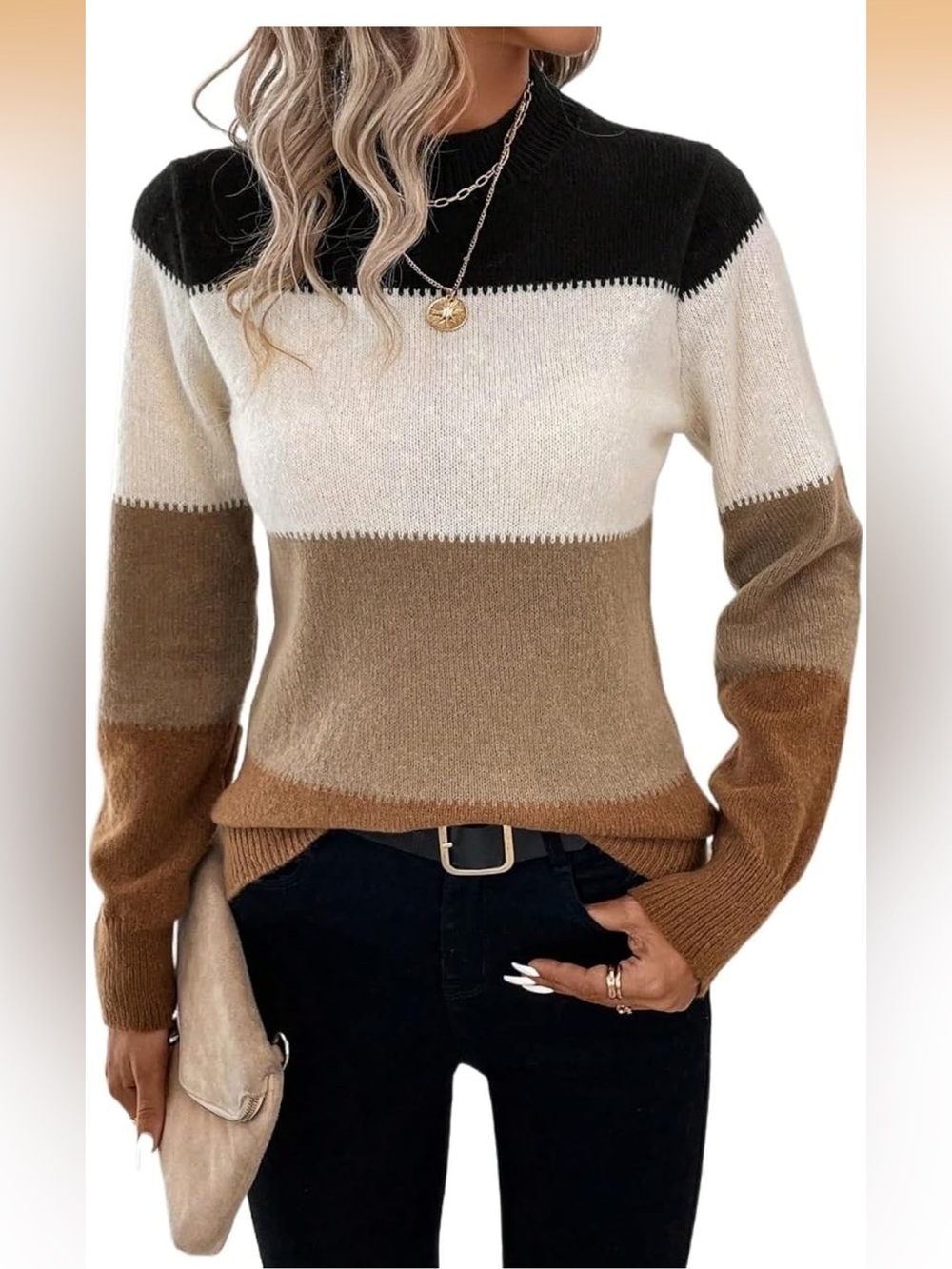 Striped Cowl-Neck Sweater in Black, Cream & Brown M/PTP 19-26/L 23